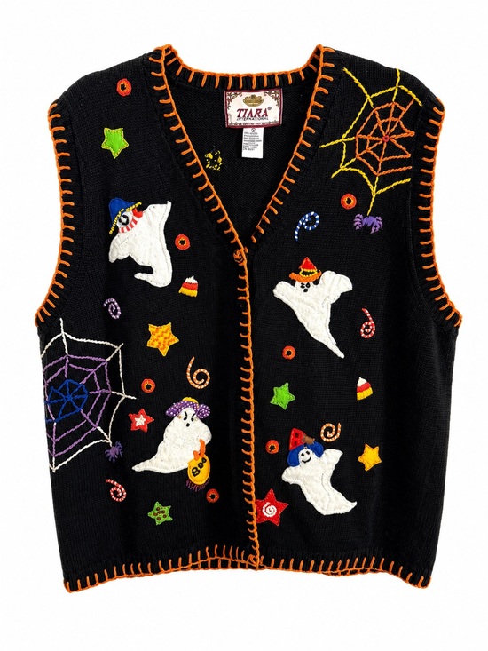 Tiara Sweaters - Vintage Tiara Sweater Vest Halloween Embroidered & Stitched Ghosts Candy Corn XL
